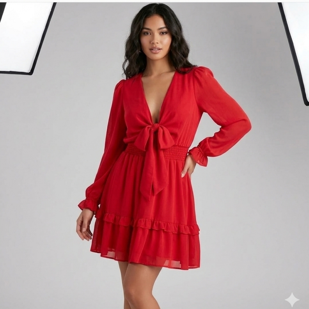 Vibrant Red Long Sleeve Wrap Sundress